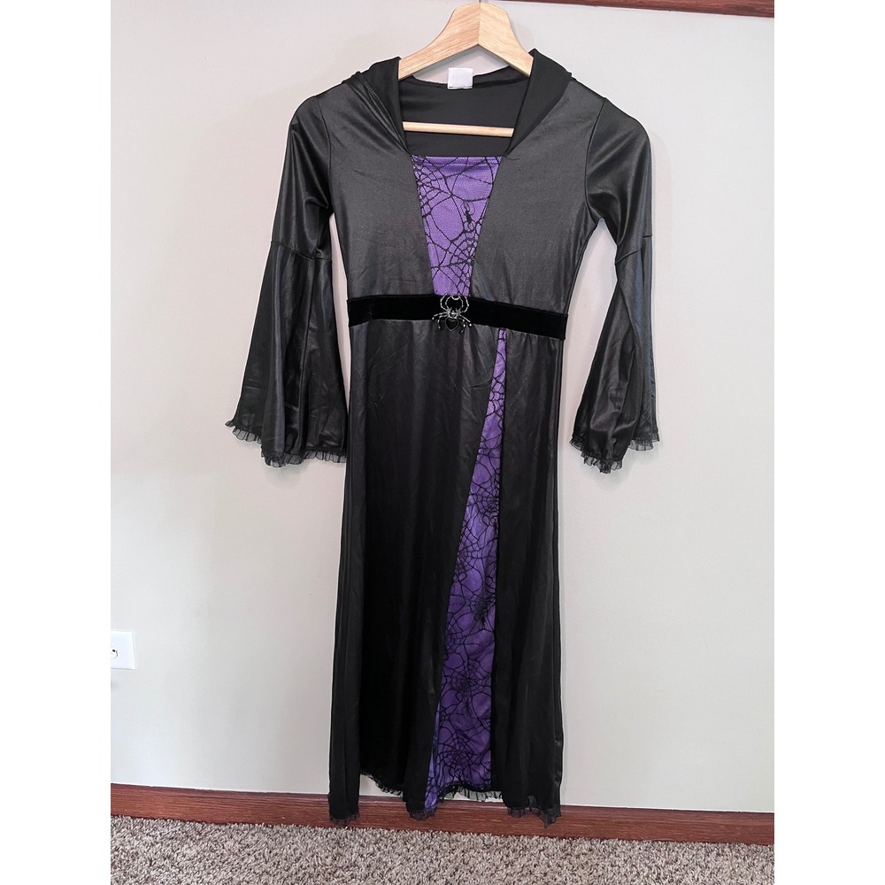 Spirit Halloween Girls Small Black Purple Spiderweb‎ Hooded Witch Costume Dress